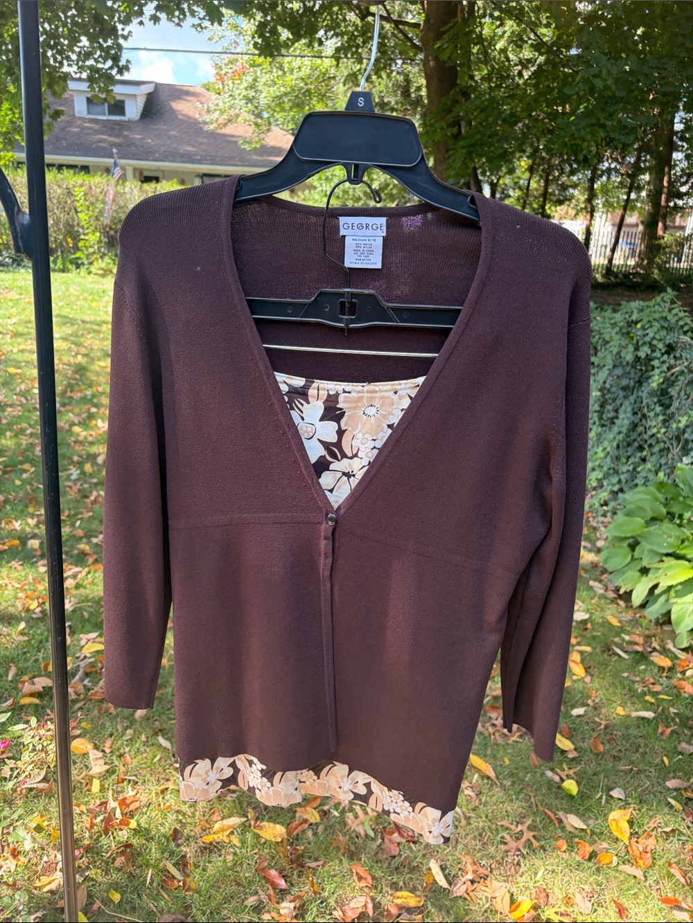 George V-Neck Knit Cardigan paired with vintage Casual Corner Cream Floral Skirt